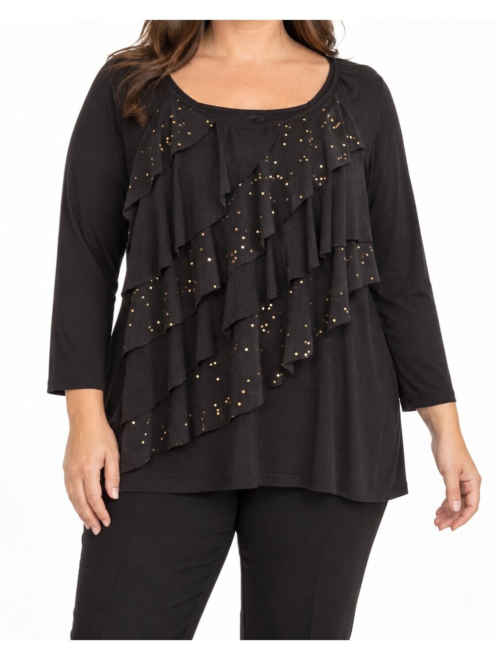 Notations XL Black Ruffle Studded Tunic Top Long Sleeve Statement Blouse